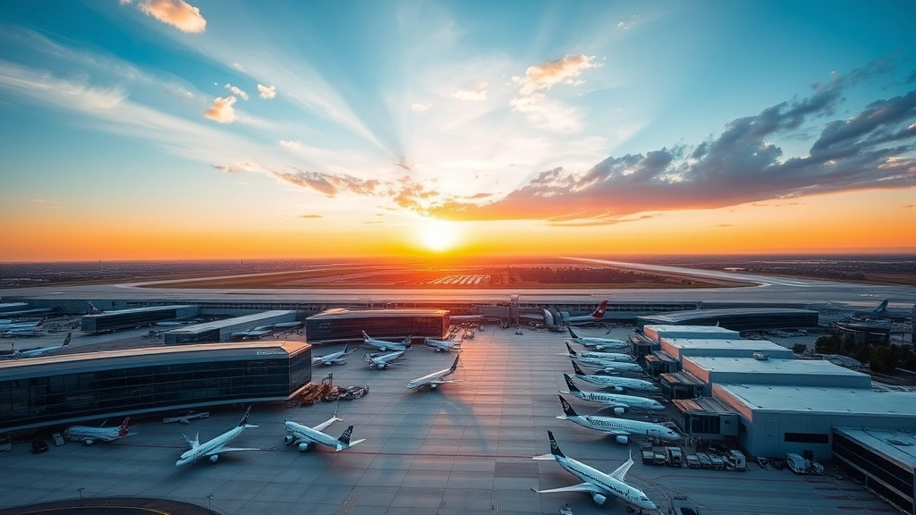 Aerial view of Dallas/Fort Worth International Airport with multiple aircraft parked at gates, modern terminal buildings, runways stretching into distance, sunrise lighting, professional aviation photography