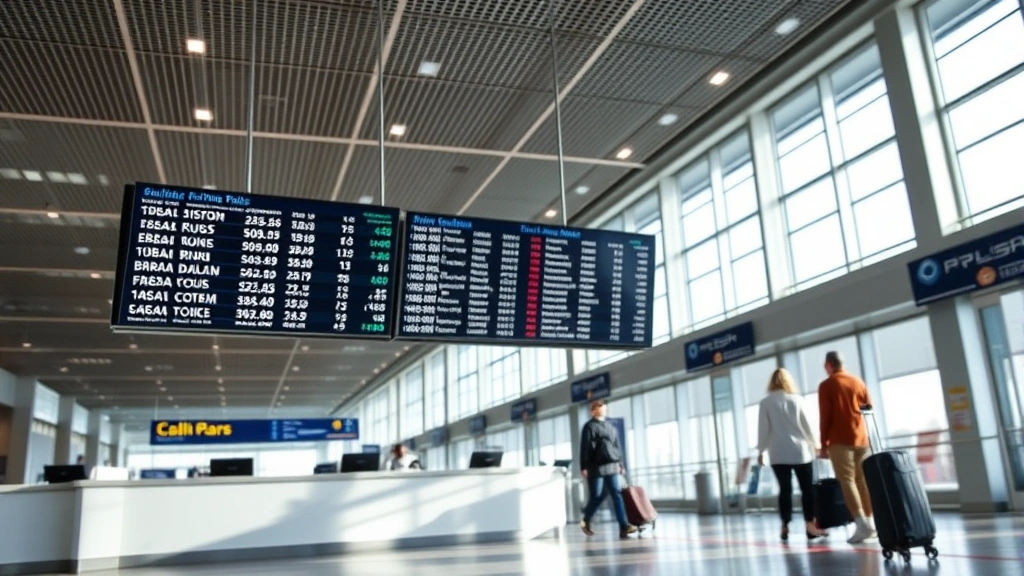 Close-up of airline ticket counter at Dallas airport with digital display boards showing flight information, modern minimalist design, travelers with luggage, bright natural lighting from windows
