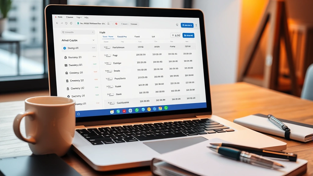 Laptop screen displaying flight search results and price calendar with multiple destinations and fares, coffee cup beside keyboard, travel planner notebook, warm indoor office lighting