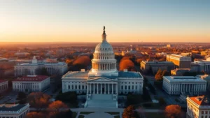 Aerial view of Washington DC monuments and cityscape at golden hour with the Capitol Building prominent, showing the city before departure for Vegas adventure