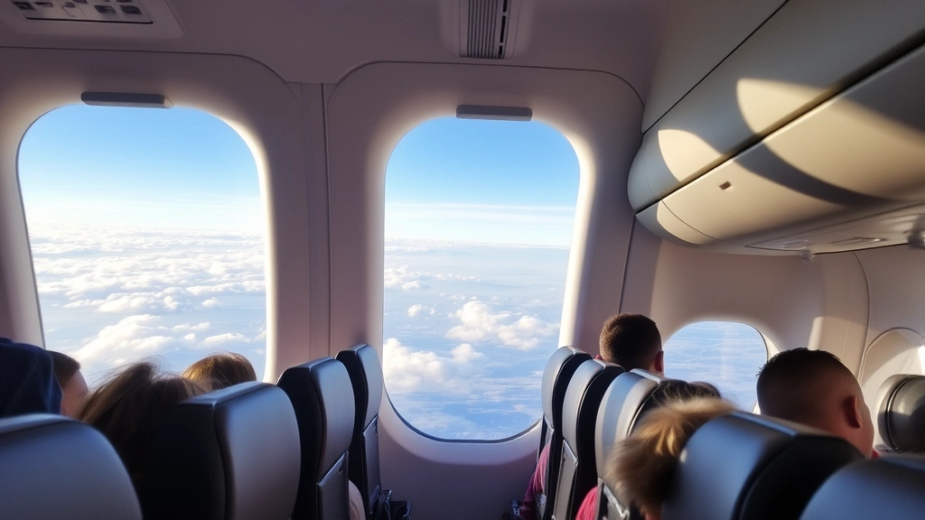 Interior cabin view of modern commercial aircraft during flight with passengers settled in seats, window showing clouds and distant landscape below during cross-country journey