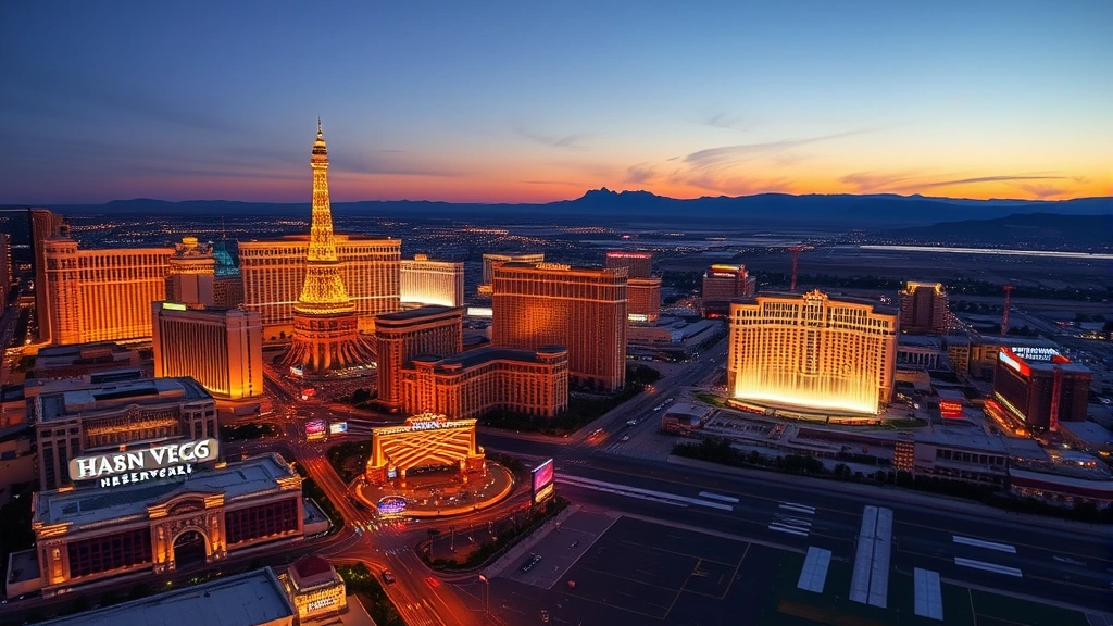 Las Vegas Strip panoramic view at sunset with iconic casinos, neon lights beginning to illuminate, Bellagio fountains visible, and Harry Reid International Airport runway in foreground