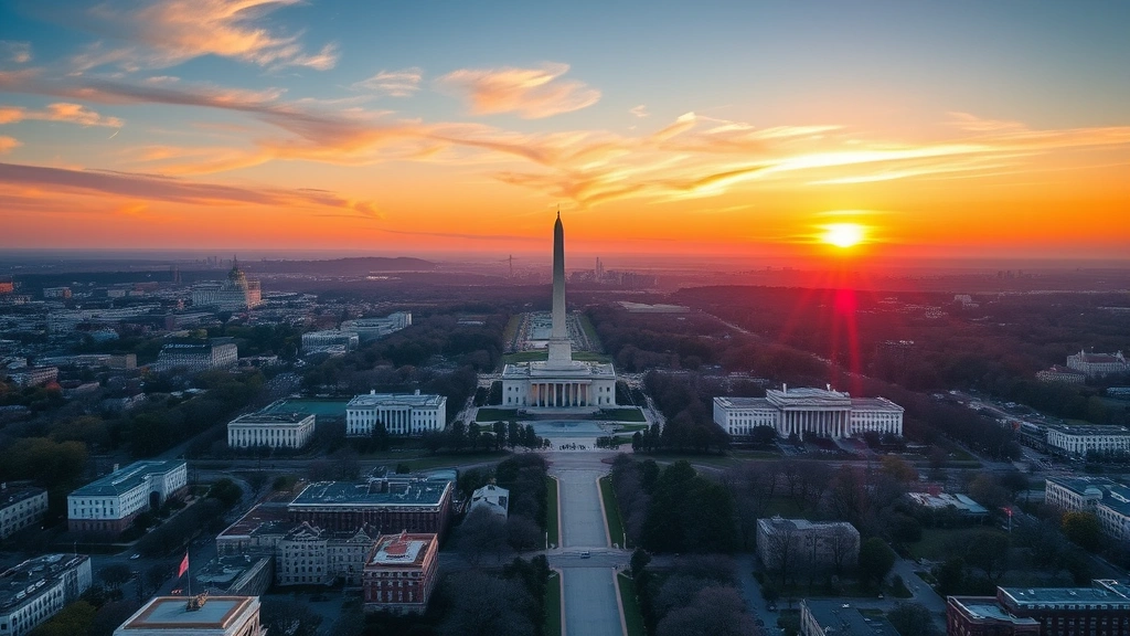 Aerial view of Washington DC cityscape at sunrise with monuments and cherry blossoms visible, vibrant morning light, professional travel photography