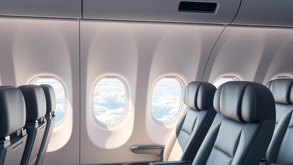 Modern aircraft cabin interior with comfortable seats overlooking clouds during flight, natural daylight through windows, contemporary airline seating design