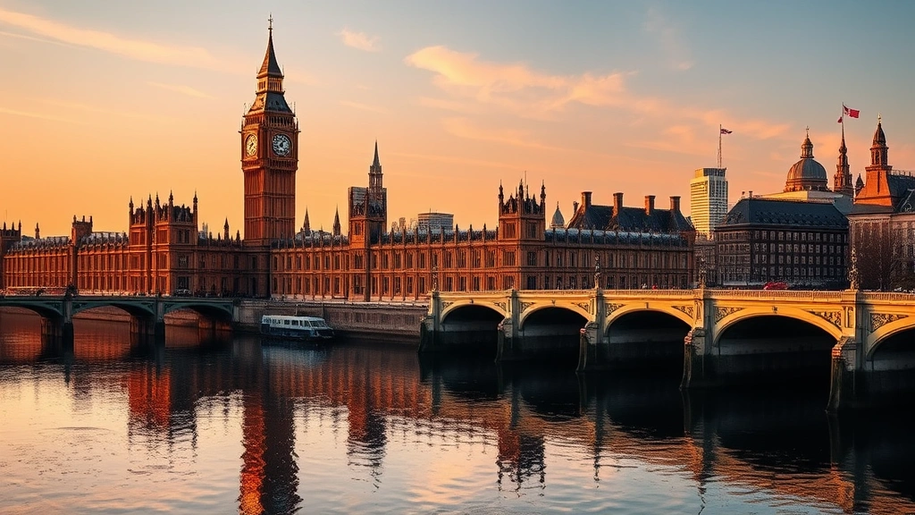 London's iconic Big Ben and Houses of Parliament reflected in Thames River at golden hour, architectural beauty, London skyline backdrop, travel destination photography