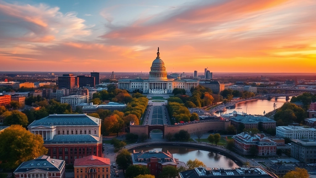 Aerial view of Washington DC skyline with Capitol building and Potomac River during golden hour sunset, vibrant cityscape photography