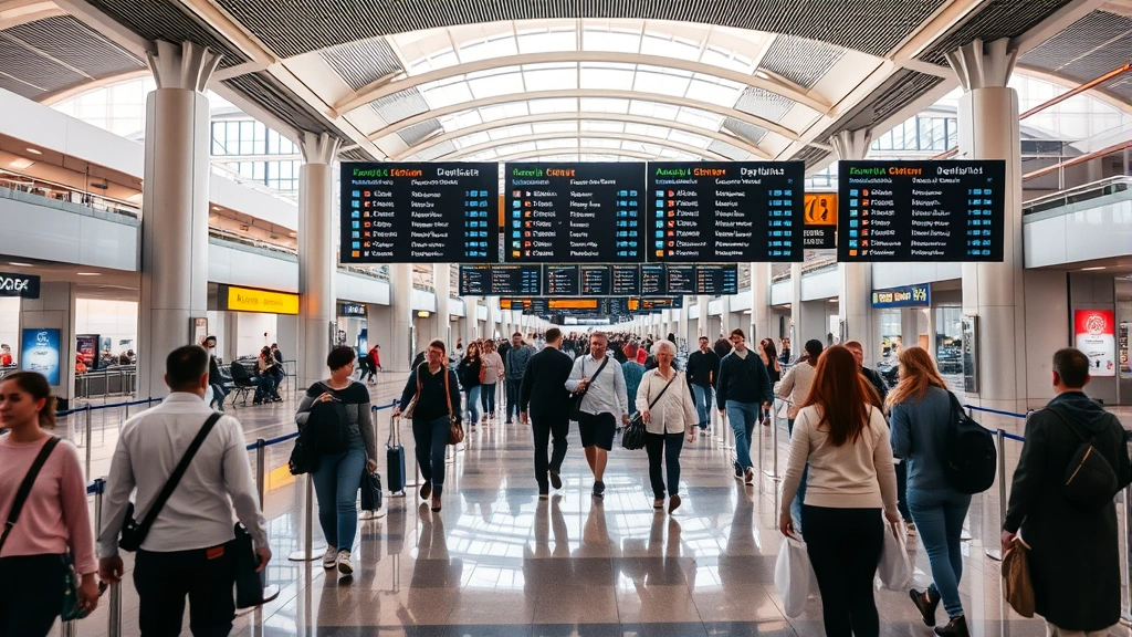 Modern airport terminal interior with travelers walking through security checkpoint and departure boards, busy travel hub atmosphere