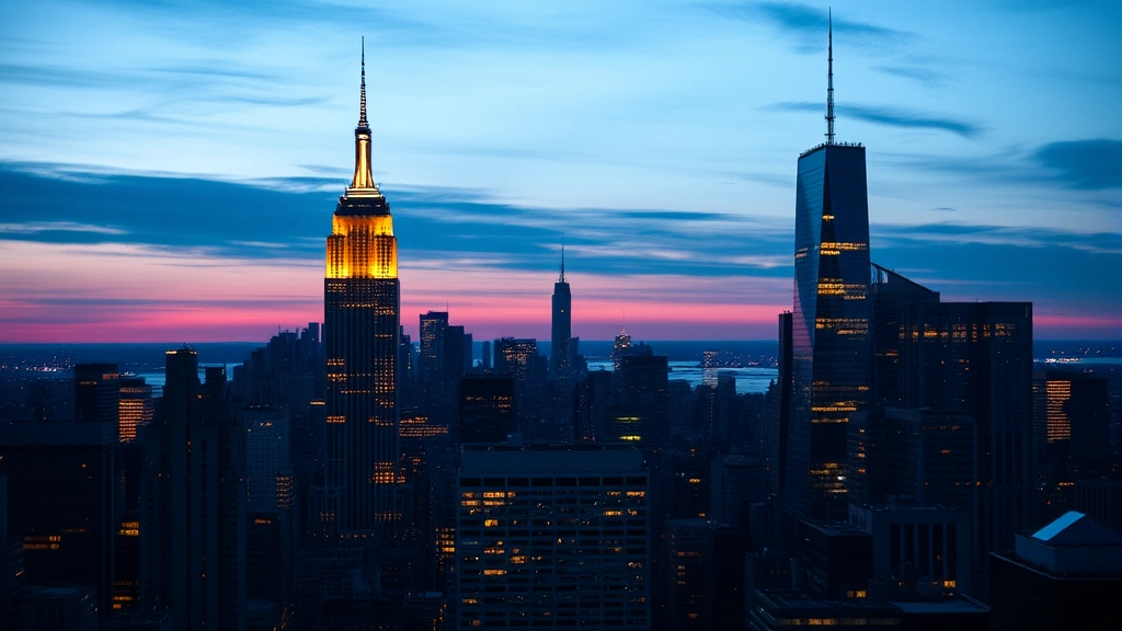 Manhattan skyline at dusk with Empire State Building and One World Trade Center illuminated, NYC iconic landmarks photography