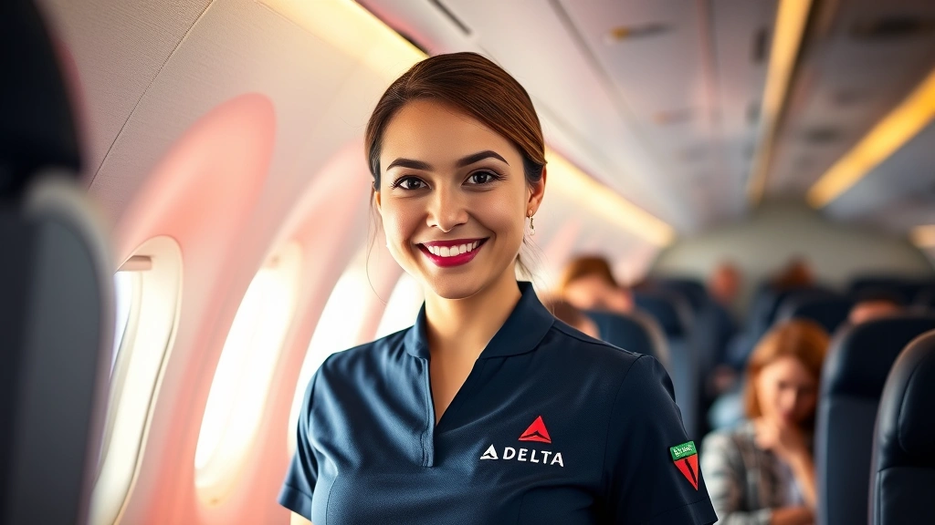 Professional female flight attendant in Delta uniform smiling confidently in modern aircraft cabin with passengers in background, natural window lighting, warm professional atmosphere