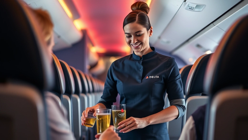 Delta flight attendant serving beverages to passengers in business class cabin, warm cabin lighting, premium service environment, smiling crew member