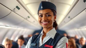 Professional Delta Air Lines flight attendant in uniform smiling in aircraft cabin with passengers visible in background, natural lighting, commercial aircraft interior, realistic photography