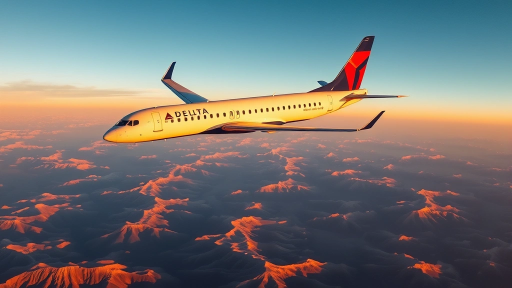 Aerial view of Delta aircraft flying over diverse landscape with mountains and valleys below, sunset lighting, commercial jet at cruise altitude, photorealistic travel photography