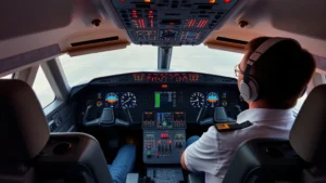 Commercial airline cockpit with pilot at controls, modern avionics displays showing pressure readings, professional cabin environment, realistic lighting, high-altitude perspective