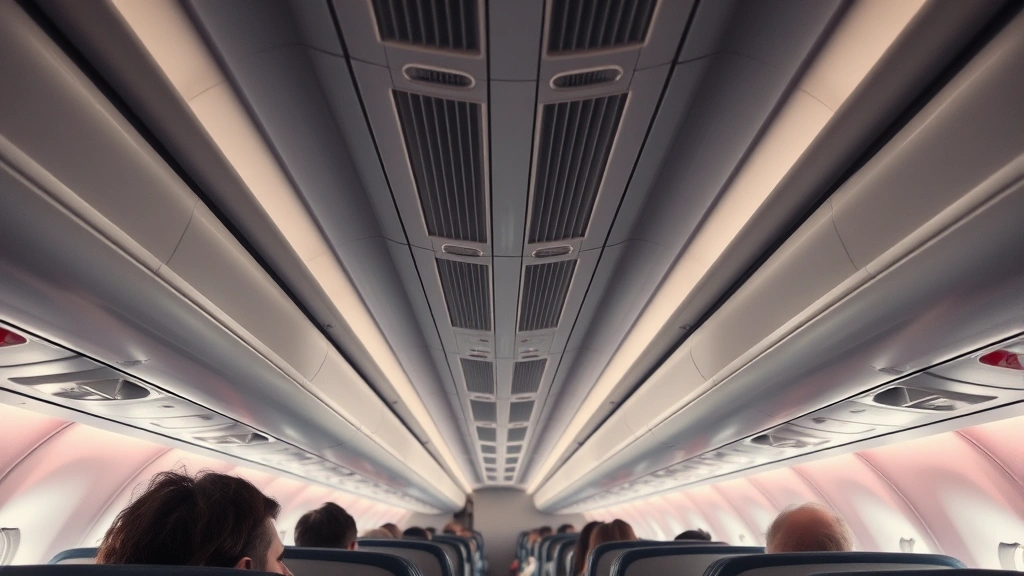 Interior cabin view of aircraft during cruise, overhead ventilation systems visible, passengers comfortable in seats, cabin pressure maintained, professional airline environment, soft lighting