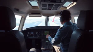 Cockpit interior of a modern commercial aircraft with pilot at controls during descent into Atlanta airport, natural lighting from windows, professional aviation environment