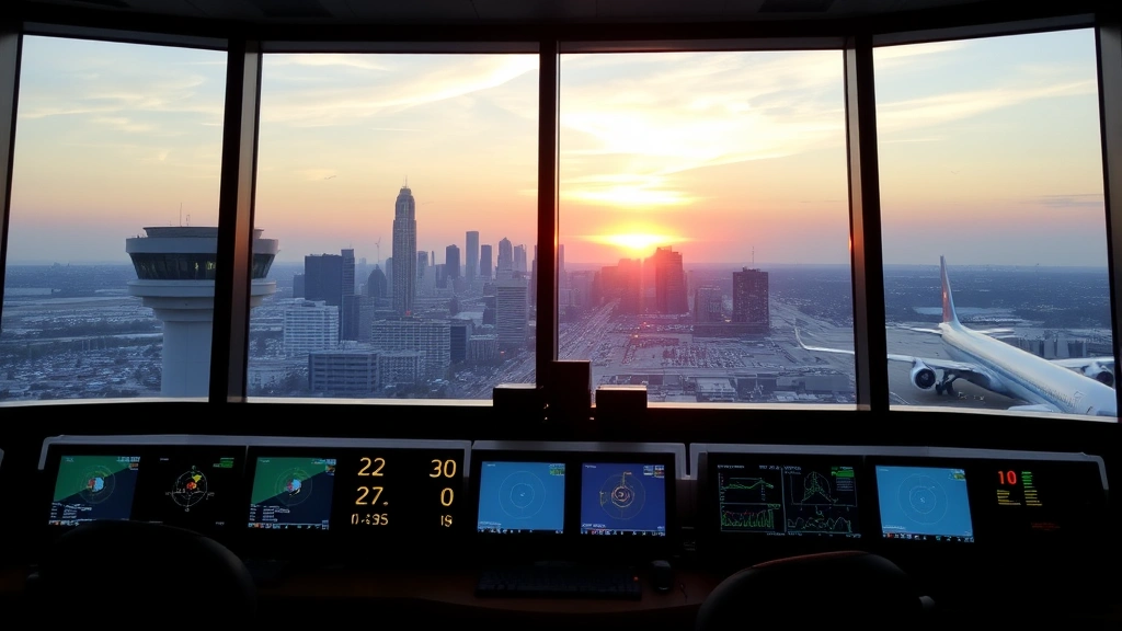 Air traffic control tower at Atlanta airport during sunset, radar screens visible through windows, professional aviation operations center with city skyline