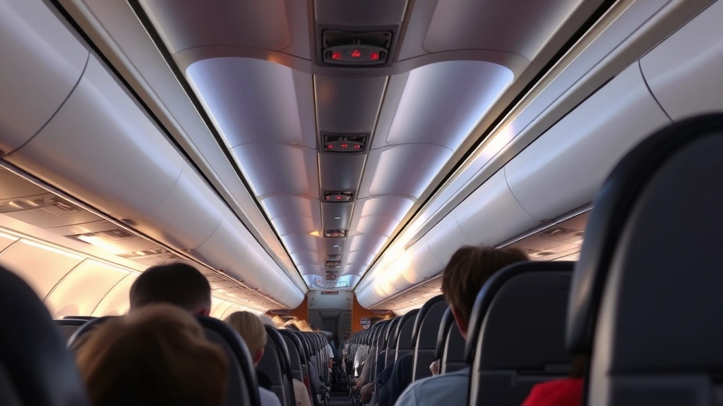 Interior cabin of commercial aircraft during cruise altitude, passengers relaxed in seats with overhead bins visible, warm cabin lighting, blue sky visible through windows at 35000 feet