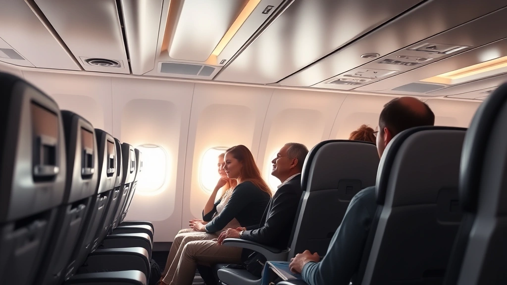 Commercial airplane interior cabin during daytime flight with passengers in seats, natural window light, comfortable modern seating, realistic aircraft environment