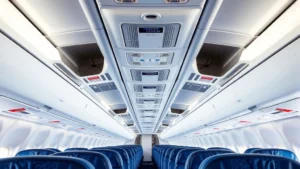 Commercial airline cabin interior with overhead compartments and rows of blue passenger seats, modern aircraft cabin lighting, empty cabin before boarding, professional clean environment