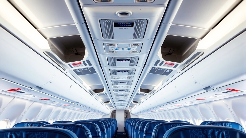 Commercial airline cabin interior with overhead compartments and rows of blue passenger seats, modern aircraft cabin lighting, empty cabin before boarding, professional clean environment