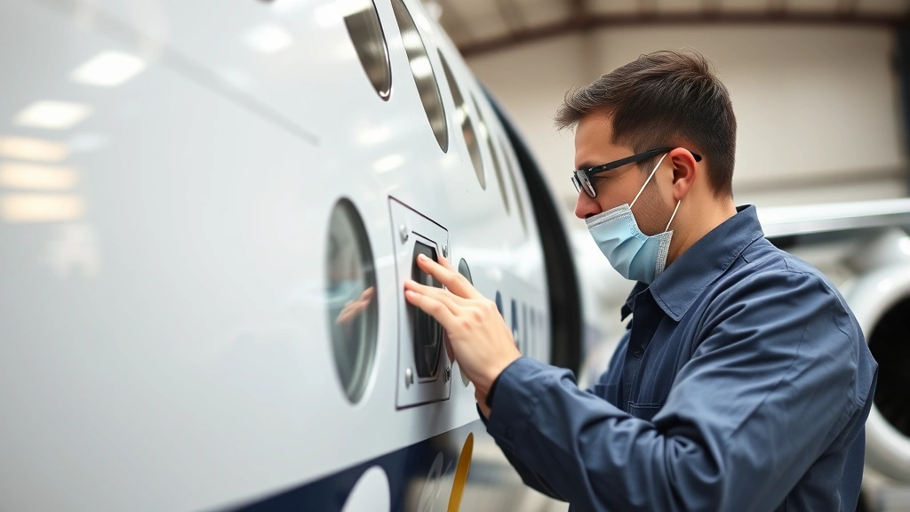 Professional aircraft maintenance technician inspecting airplane fuselage exterior, close-up of panel inspection work, hangar setting, detailed mechanical focus