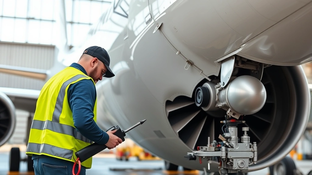 Aircraft maintenance technician in yellow safety vest inspecting airplane fuselage exterior with tools, daylight at airport hangar, detailed mechanical inspection work