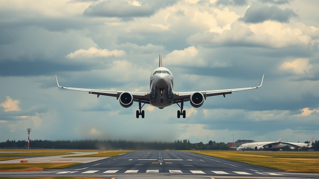 Commercial airplane landing approach at airport with runway visible below, dramatic sky, modern jet aircraft descending, dynamic aviation moment