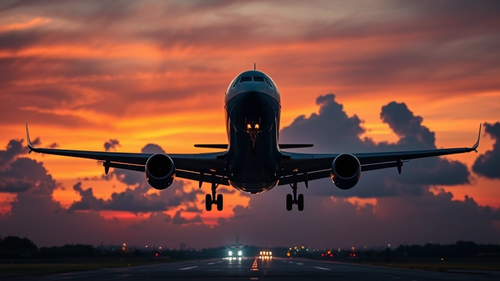 Commercial airplane landing at sunset with runway lights visible below, dramatic sky with clouds, aircraft approaching airport touchdown zone, wide angle exterior shot