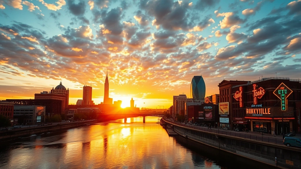 Nashville skyline at golden hour with honky-tonks and neon signs reflecting in Cumberland River, Broadway entertainment district, dramatic sky with clouds