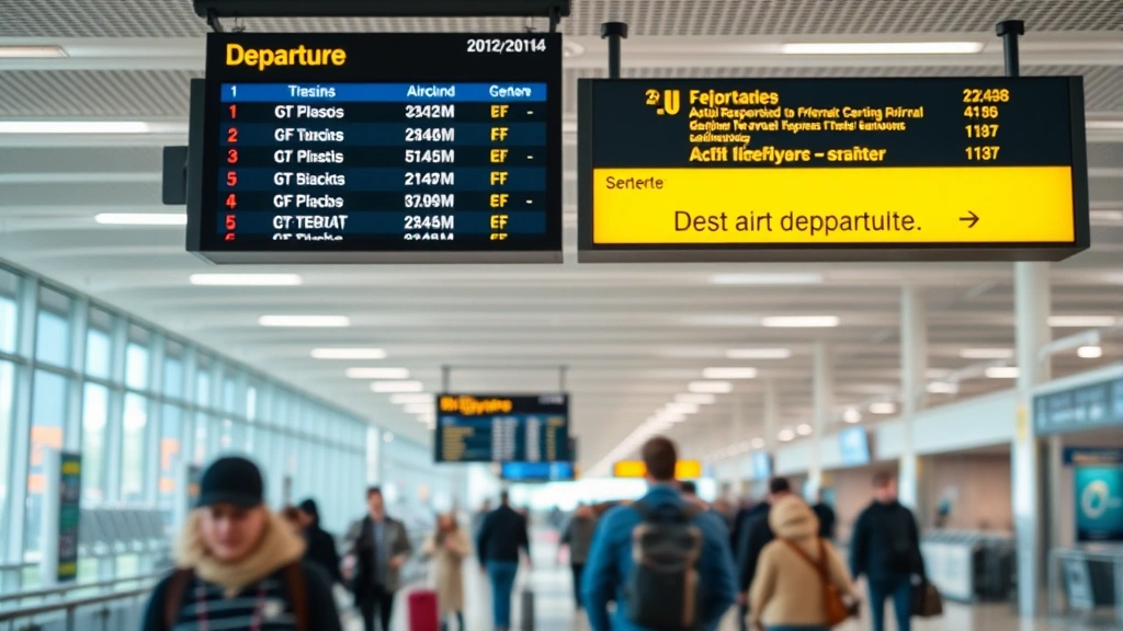 Airport departure board showing flight information with blurred passengers walking through modern terminal, bright fluorescent lighting, contemporary travel environment