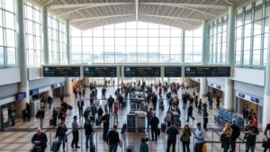 Denver International Airport terminal with travelers checking in, modern architecture, natural light streaming through windows, bustling but organized atmosphere