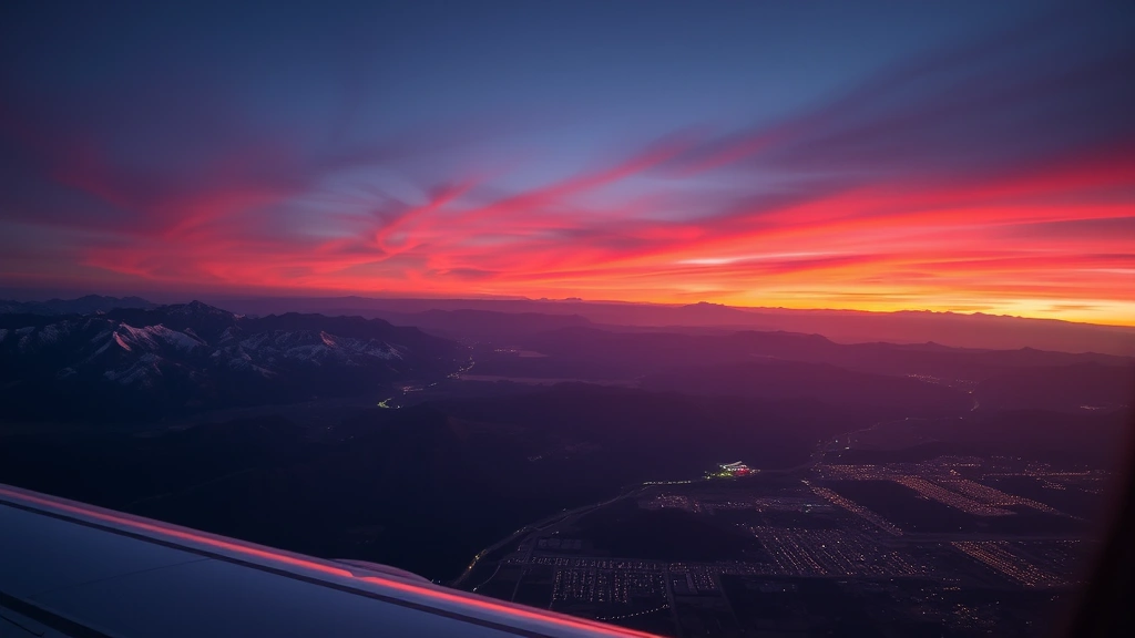 Overhead view of commercial airplane wing over Colorado mountains and city lights at sunset, dramatic landscape below