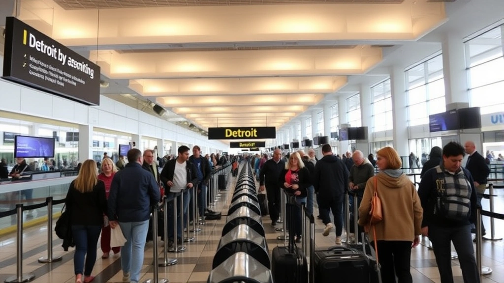 Detroit airport gate area with passengers boarding, modern terminal design, Michigan destination signs visible, travel activity scene