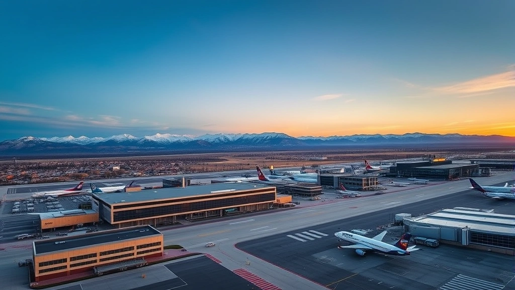 Aerial view of Denver International Airport with snow-capped Rocky Mountains in background, modern terminal buildings, commercial aircraft on tarmac, sunset lighting, photorealistic