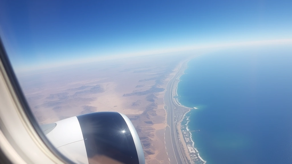 Commercial aircraft window view during flight over desert landscape transitioning to coastal California, clear blue sky, photorealistic wide-angle perspective