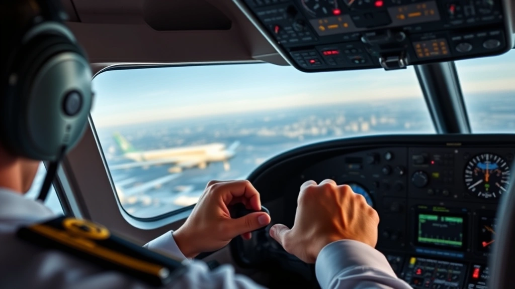 Pilot hands on aircraft control yoke during flight, detailed cockpit instruments visible, professional lighting, realistic aviation environment