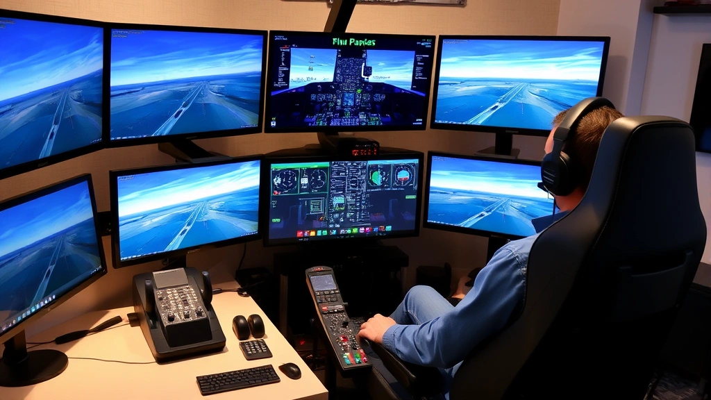 Flight simulator setup with multiple monitors, control yokes, throttle quadrants, pilot seated in cockpit position, professional gaming space