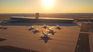 Aerial view of Detroit Metropolitan Airport tarmac with aircraft lined up during golden hour, modern terminal buildings visible in background, sunny day with clear skies