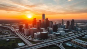 Aerial view of Dallas skyline at sunset with downtown skyscrapers reflecting golden hour light, modern urban landscape with highways and green spaces visible