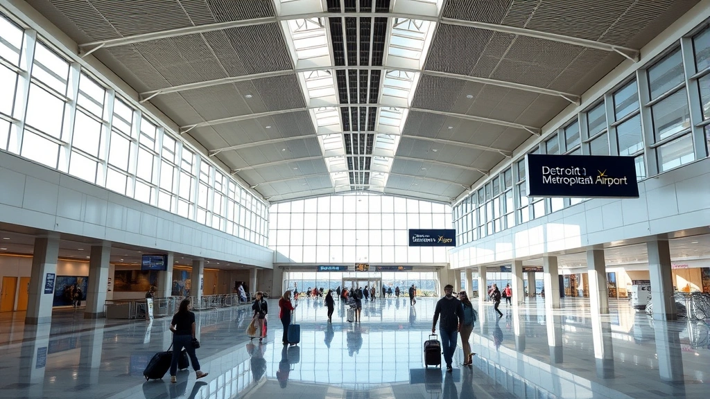 Detroit Metropolitan Airport terminal interior showing modern architecture, bright natural lighting through windows, travelers walking with luggage, contemporary airport design