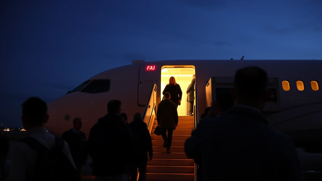 Passengers boarding aircraft at gate, people walking up stairs into airplane, warm cabin lighting, sense of travel and departure, ground crew visible nearby