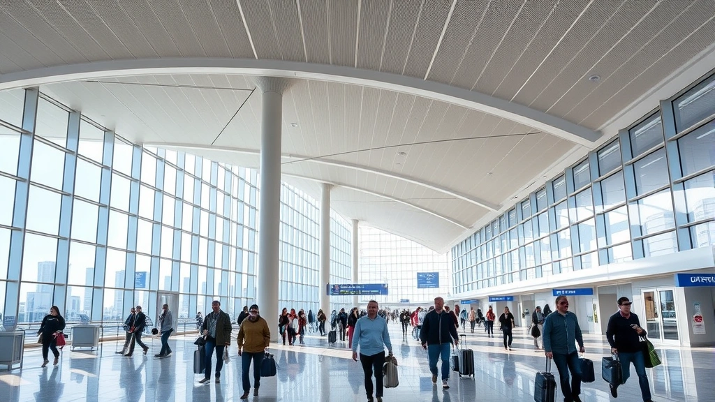 Detroit Metropolitan Airport modern terminal interior with travelers walking, natural light streaming through large windows, contemporary architecture, bustling travel atmosphere, realistic airport scene