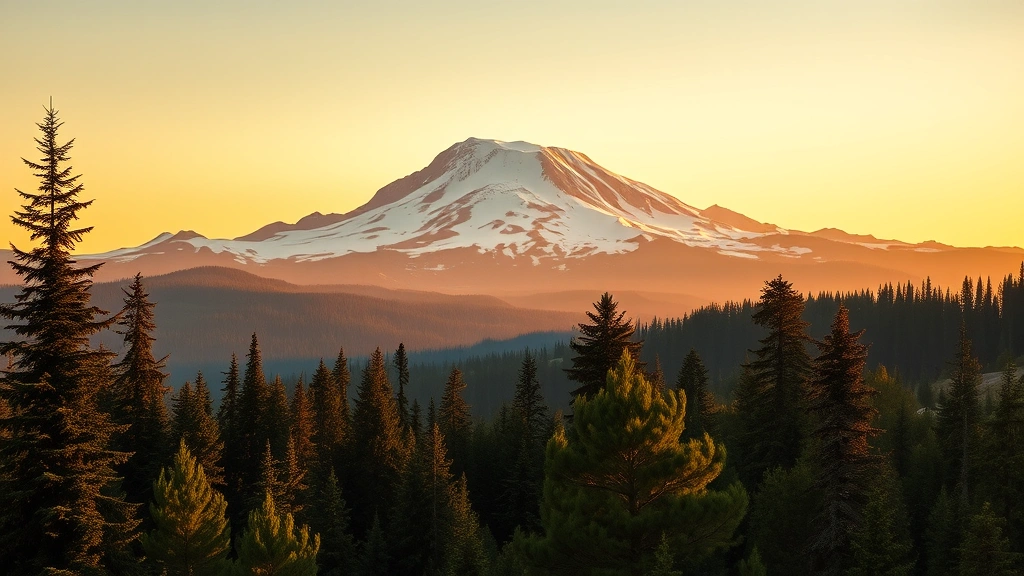 Pacific Northwest landscape featuring Mount Rainier snow-capped peak above evergreen forest, dramatic mountain vista, pristine wilderness scenery, golden afternoon light, inspiring adventure photography