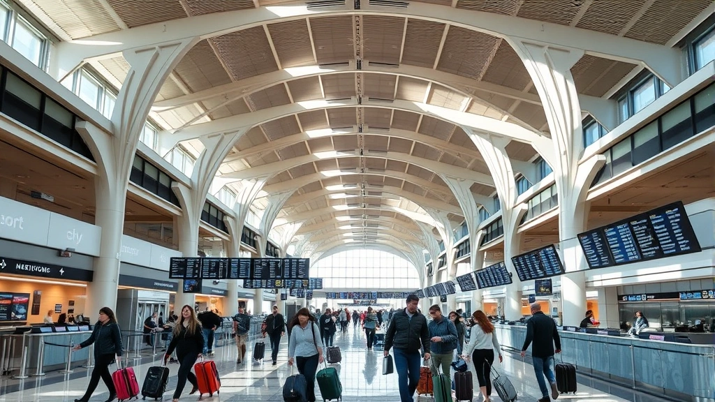 Dallas Fort Worth International Airport terminal interior with modern architecture, travelers walking with luggage, bright natural lighting, bustling atmosphere showing departure boards and check-in counters