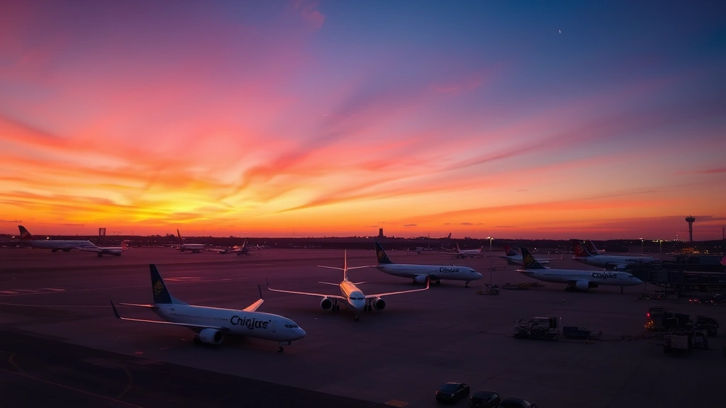 Chicago O'Hare airport tarmac at sunset with multiple aircraft parked, taxiway lights illuminated, vibrant orange and purple sky, commercial jets from major airlines visible