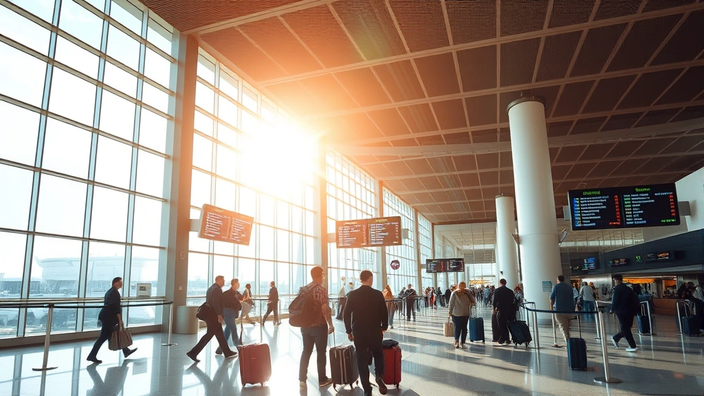 Dallas-Fort Worth International Airport terminal interior with morning sunlight, travelers with luggage, departure boards showing flight information, modern architecture, bustling atmosphere
