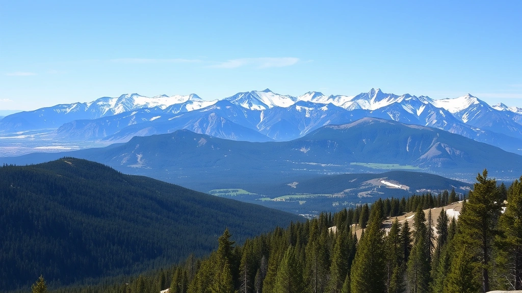 Rocky Mountain range landscape near Denver with snow-capped peaks, clear blue sky, expansive vista, evergreen forests, natural beauty, scenic overlook perspective