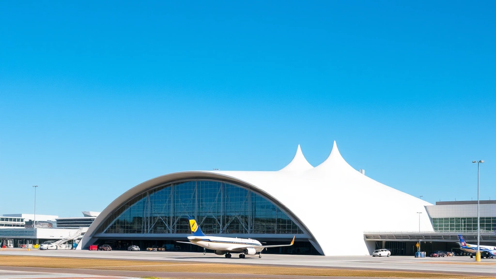 Denver International Airport modern architecture with distinctive white tent-like roof structure, blue sky, plane taxiing, contemporary design, sunny day, airport grounds
