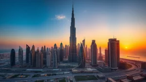 Aerial view of Dubai skyline at sunset with Burj Khalifa prominent, modern skyscrapers reflecting golden light, Arabian Gulf coastline visible, photorealistic travel photography