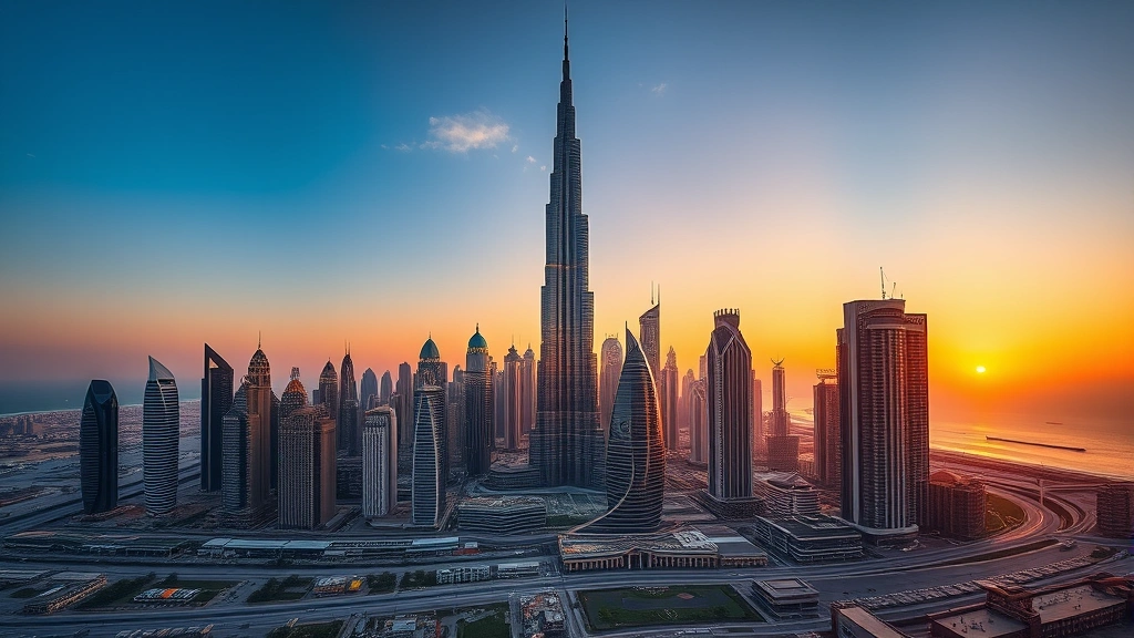 Aerial view of Dubai skyline at sunset with Burj Khalifa prominent, modern skyscrapers reflecting golden light, Arabian Gulf coastline visible, photorealistic travel photography
